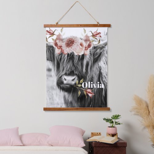 Highland Cow Floral  Western Cowgirl Kids Name Hanging Tapestry