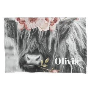 Highland Cow Floral   Western Cowgirl Kids Name Pillow Case