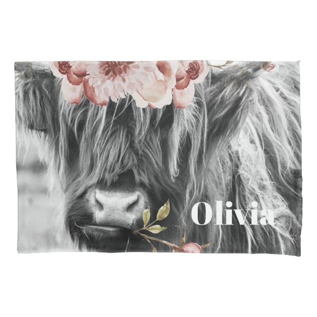 Highland Cow Floral | Western Cowgirl Kids Name Pillow Case (Front)
