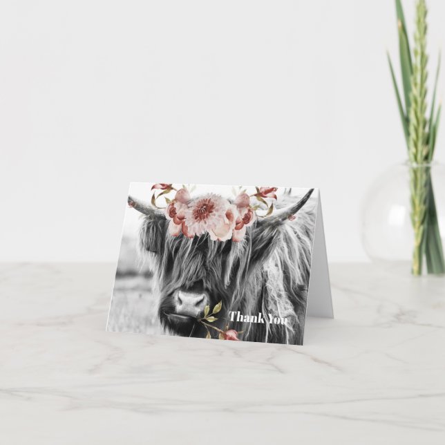 Highland Cow Floral | Western Cowgirl Personalized Thank You Card (Front)