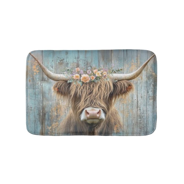 Highland Cow Floral Wreath Blue Farmhouse Scene Bath Mat (Front)