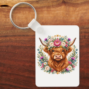 Highland Cow Floral Wreath Scottish Botanical Keychain