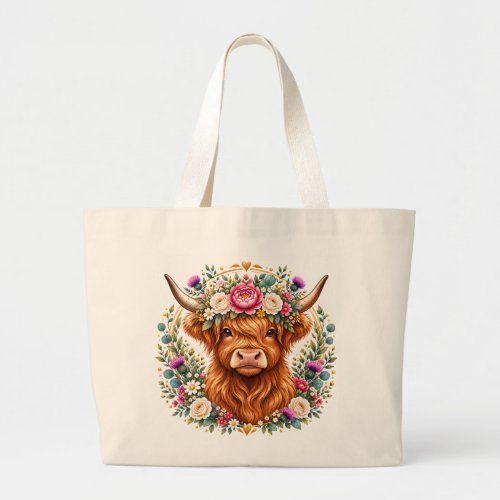 Highland Cow Floral Wreath Scottish Botanical Large Tote Bag