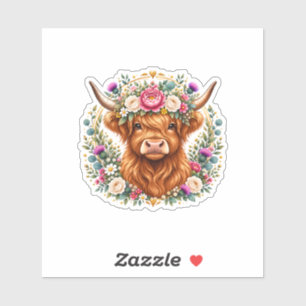 Highland Cow Floral Wreath Scottish Botanical Sticker