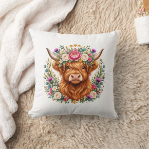 Highland Cow Floral Wreath Scottish Botanical Throw Pillow