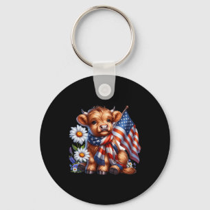 Highland Cow Florals 4th Of July Usa Flag Patrioti Keychain