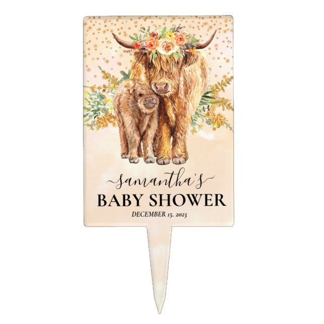 Highland Cow  Flower Baby shower Peach Cake Topper (Front)