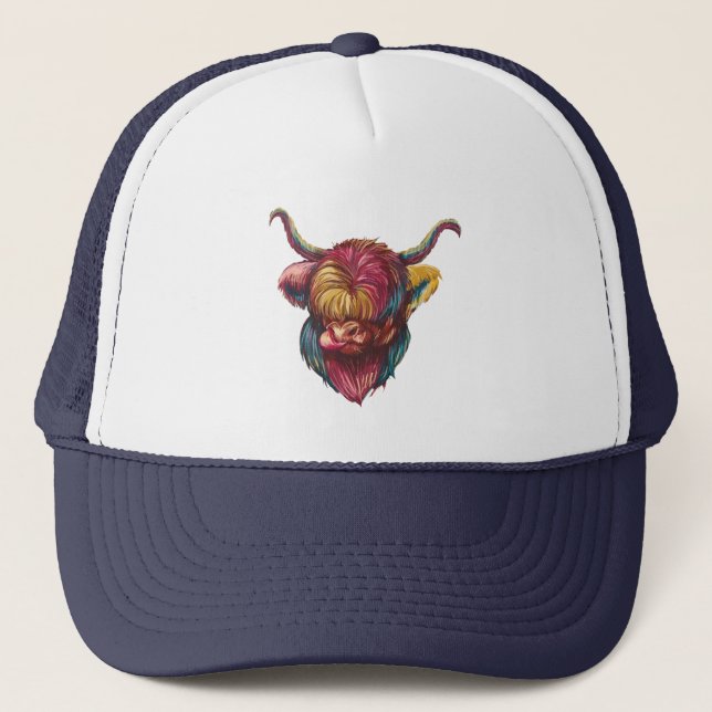 Highland Cow Funny Rainbow Head Design Trucker Hat (Front)