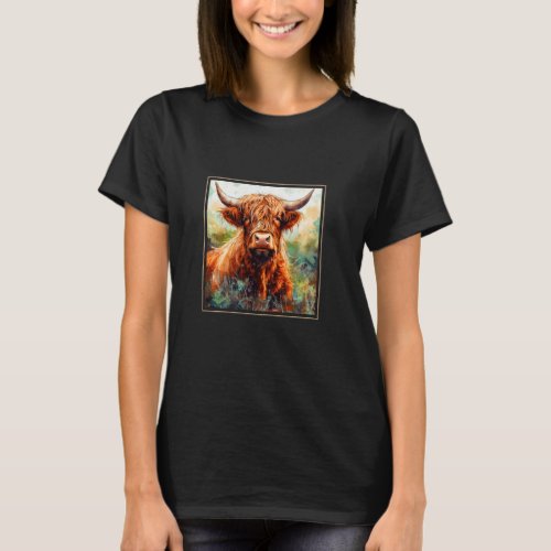 Highland Cow Garden Flowers Painting Pet Mom Dad T-Shirt