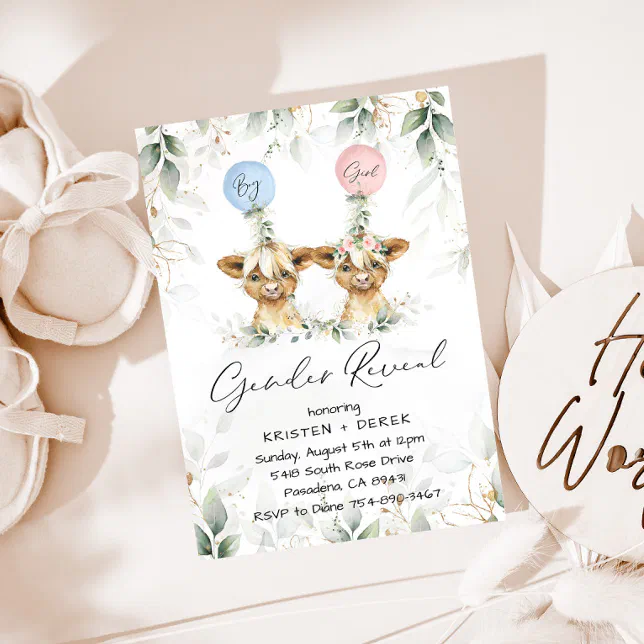 Highland Cow Gender Reveal Balloons Invitation Zazzle