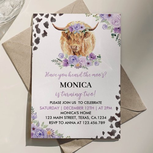 Highland Cow Girl Floral Birthday Invitation