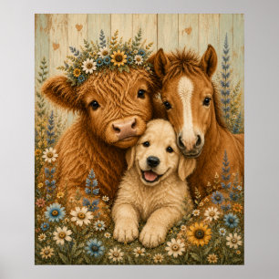Highland Cow Golden Retriever Puppy & Baby Horse Poster