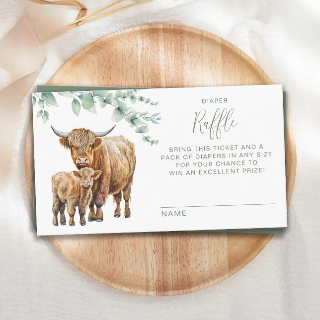 Dancing Cow Raffle Highland Cow Greenery Baby Shower Diaper Raffle Enclosure Card | Zazzle