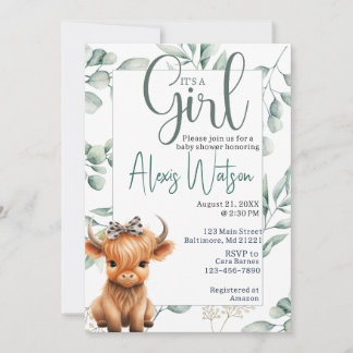 highland cow greenery baby shower invitation