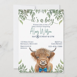 highland cow greenery baby shower invitation