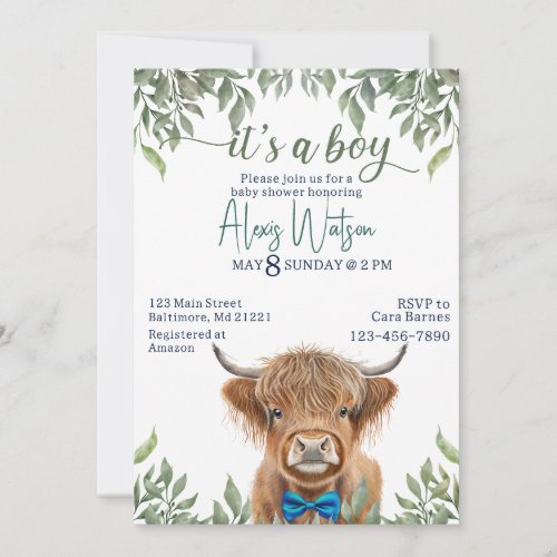  highland cow greenery baby shower invitation