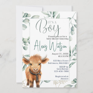 highland cow greenery baby shower invitation