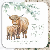 Highland Cow Greenery Baby Shower Thank You Square Sticker