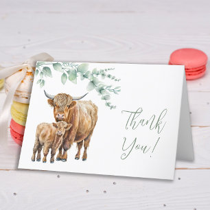 Highland Cow Greenery Boho Farm Animal Baby Shower Letterpress Thank You Card