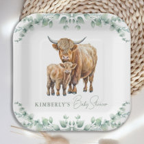 Highland Cow Greenery Boho Farm Animal Baby Shower Paper Plates