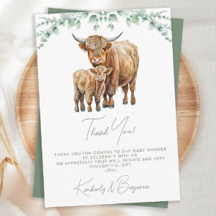 Highland Cow Greenery Boho Farm Animal Baby Shower Thank You Card