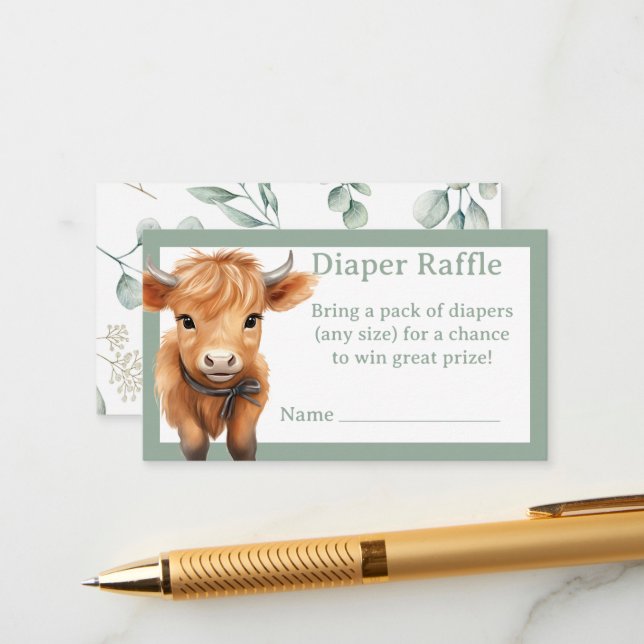 Highland Cow greenery boy diaper raffle Enclosure Card (Front/Back In Situ)