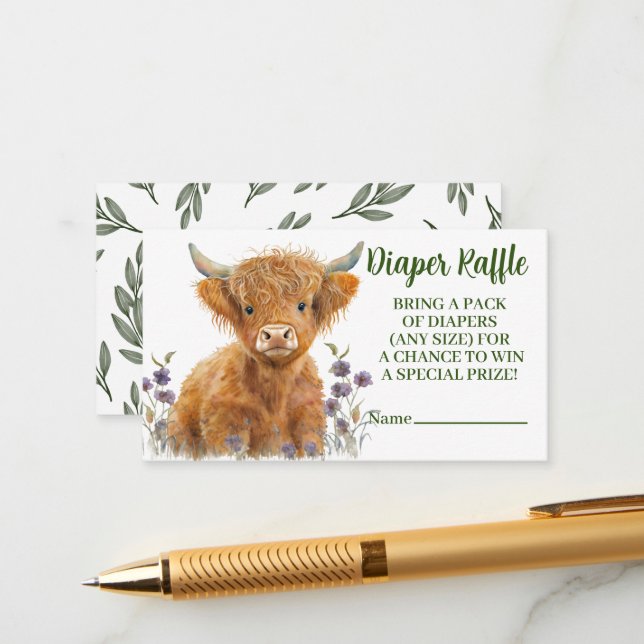 Highland Cow greenery diaper raffle Enclosure Card (Front/Back In Situ)