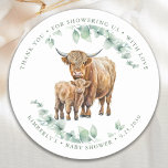 Highland Cow Greenery Farm Animals Baby Shower Classic Round Sticker<br><div class="desc">Invite your friends and family to celebrate the arrival of your new baby with this adorable highland cow mother and baby calf baby shower invitations, party accessories and gifts . This baby shower invitation features a hand-painted watercolor highland cattle, perfect for farm and highland cow lovers! The design is modern...</div>