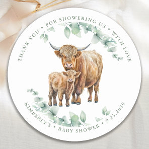 Highland Cow Greenery Farm Animals Baby Shower Classic Round Sticker