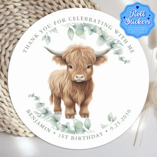 Highland Cow Greenery Farm Animals Kids Birthday  Classic Round Sticker