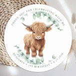 Highland Cow Greenery Farm Animals Kids Birthday  Classic Round Sticker<br><div class="desc">Invite your friends and family to celebrate your childs birthday with this adorable highland calf and eucalyptus greenery 1st birthday invitations, party accessories and gifts . This cow birthday invitation features a hand-painted watercolor highland cow, perfect for farm and cow lovers! The design is modern and trendy, with a simple...</div>