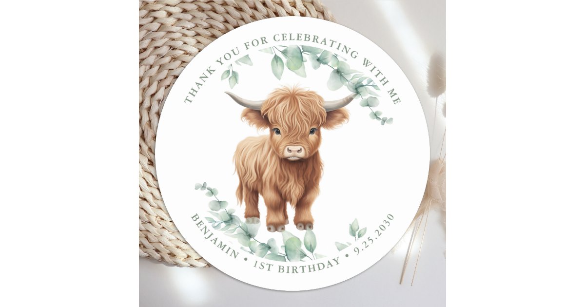 Highland Cow Greenery Farm Animals Kids Birthday  Classic Round Sticker