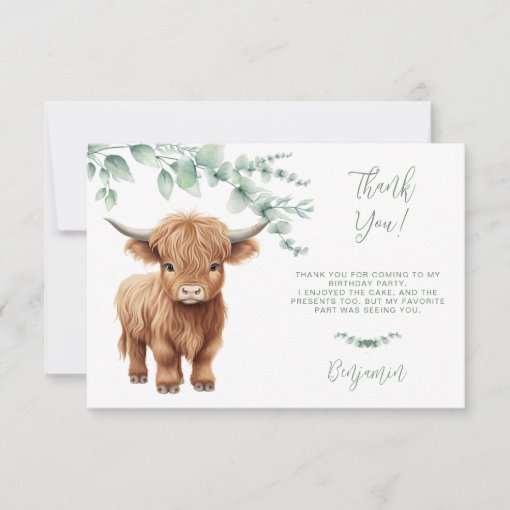 Highland Cow Greenery Farm Animals Kids Birthday Thank You Card | Zazzle