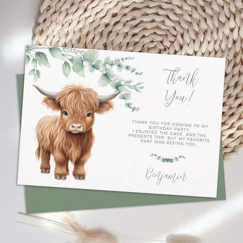 Highland Cow Greenery Farm Animals Kids Birthday Thank You Card
