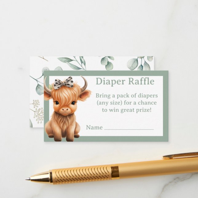 Highland Cow greenery girl diaper raffle Enclosure Card (Front/Back In Situ)