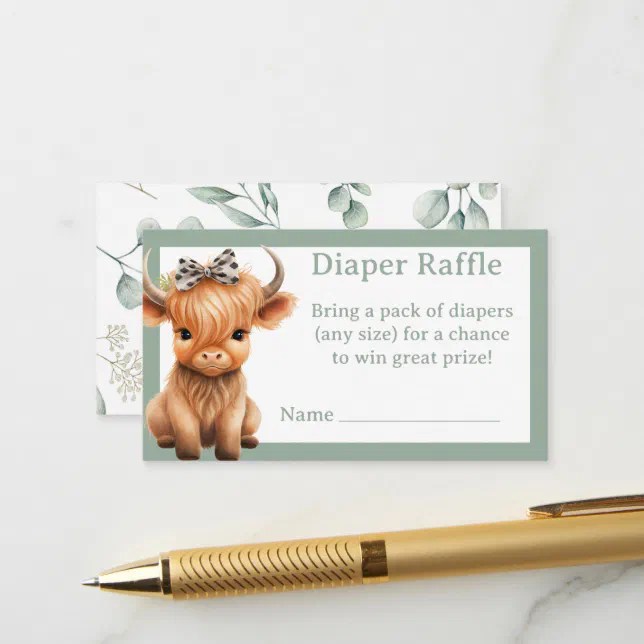 Nappy Raffle Highlander Highland Cow greenery girl diaper raffle Enclosure Card | Zazzle
