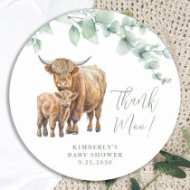 Highland Cow Greenery Thank You Baby Shower Classic Round Sticker