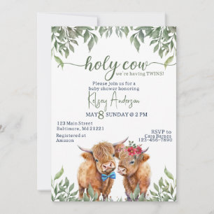 highland cow greenery twins baby shower invitation