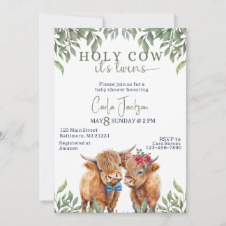 highland cow greenery twins baby shower invitation