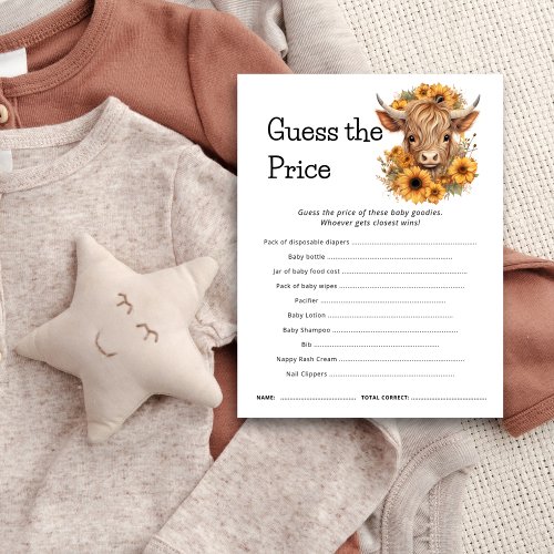 Highland Cow Guess The Price Baby Shower Game Card