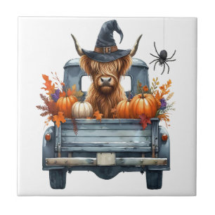 Highland Cow Halloween Fall Ceramic Tile