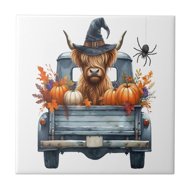 Highland Cow Halloween Fall Ceramic Tile (Front)