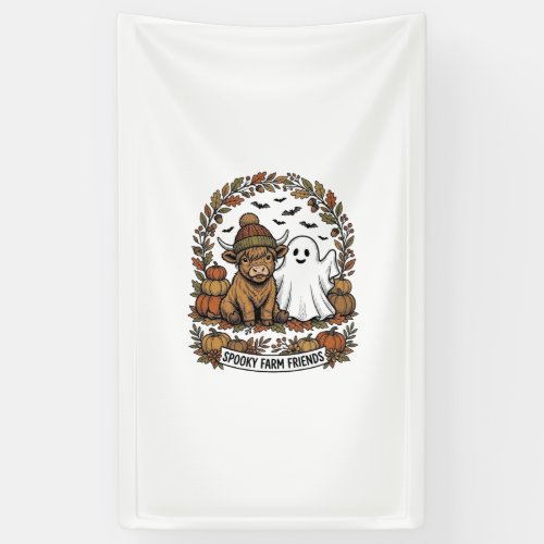 Highland Cow Halloween Ghost Pumpkin Vintage Art Banner
