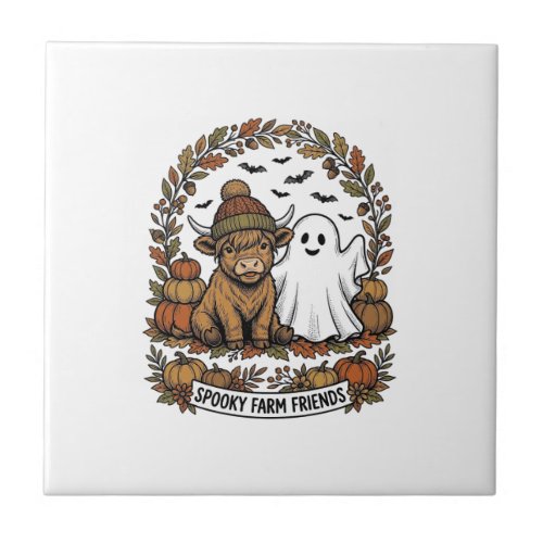 Highland Cow Halloween Ghost Pumpkin Vintage Art Ceramic Tile