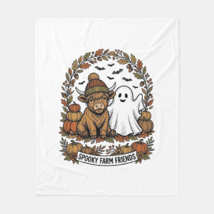 Highland Cow Halloween Ghost Pumpkin Vintage Art Fleece Blanket