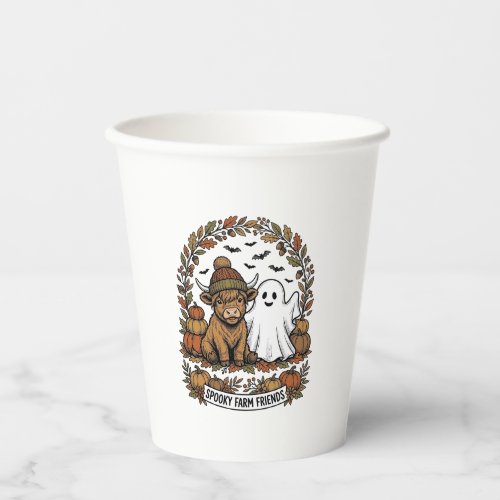 Highland Cow Halloween Ghost Pumpkin Vintage Art Paper Cups