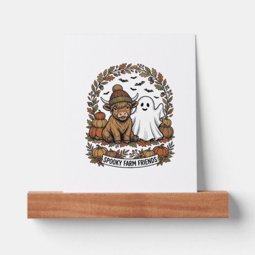 Highland Cow Halloween Ghost Pumpkin Vintage Art Picture Ledge