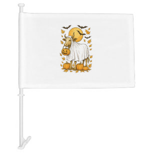 Highland Cow Halloween in Ghost Costume Car Flag