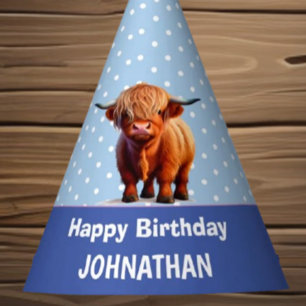Highland Cow Happy Birthday Blue Party Hat