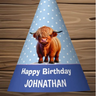 Highland Cow Happy Birthday Blue Party Hat